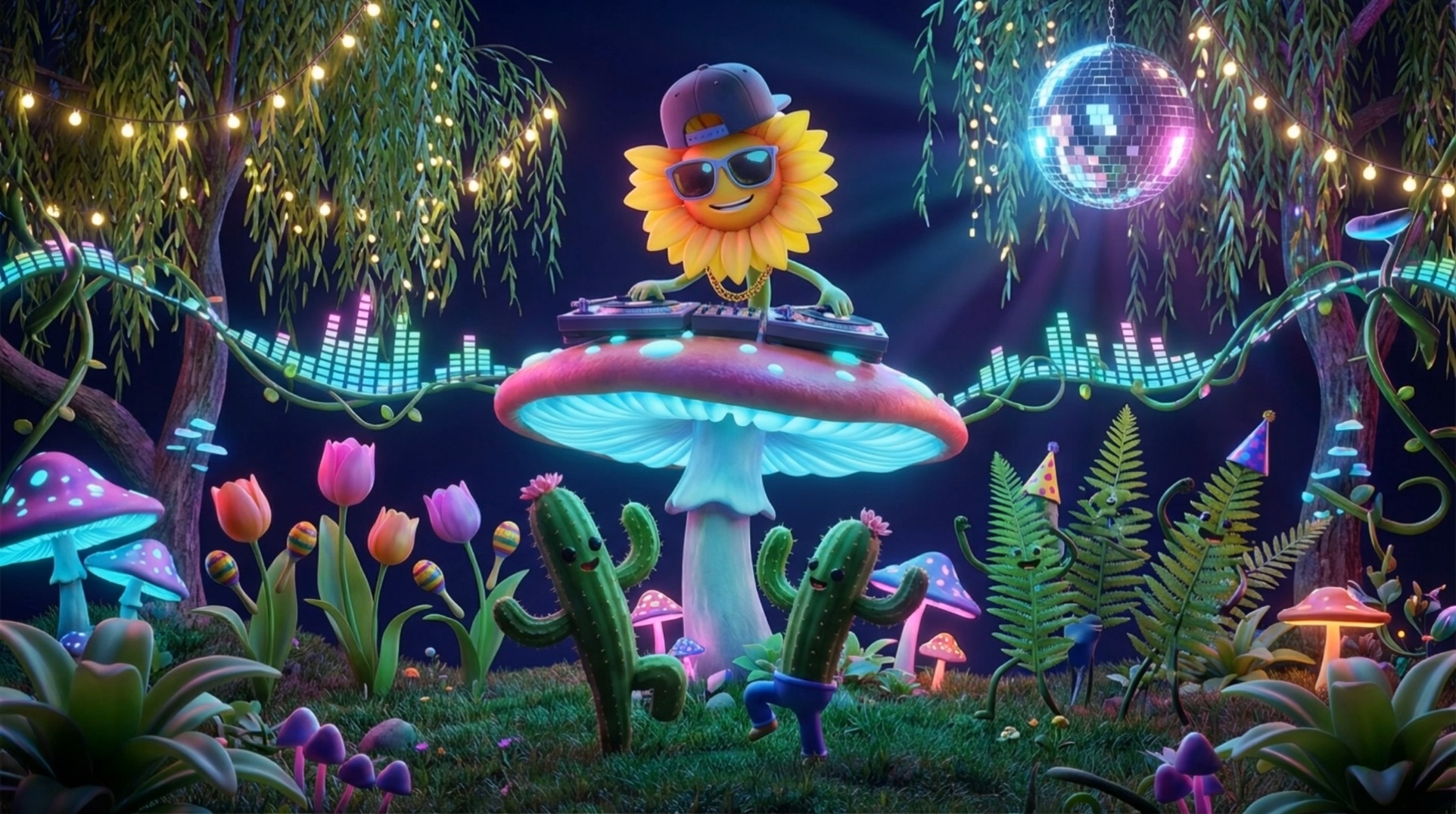 Vibrant neon DJ sunflower representing the energy of urban plant research